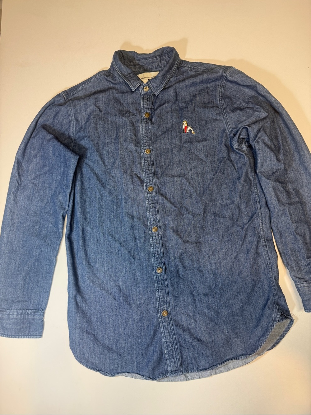 Men's Blue Denim Button-Down Shirt with Embroidered Logo